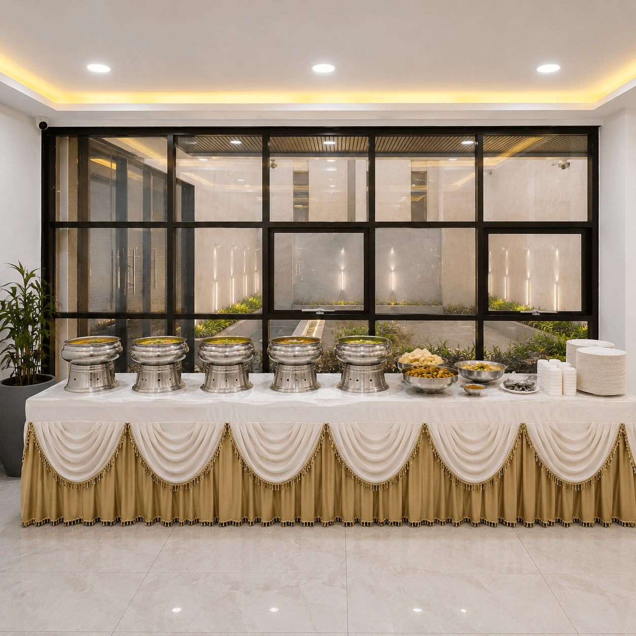 Traditional Indian thali with multiple colorful dishes arranged on a brass plate, warm lighting, festive setup